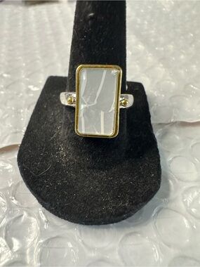 Silver and Gold Rectangular White Stone Ring size 8